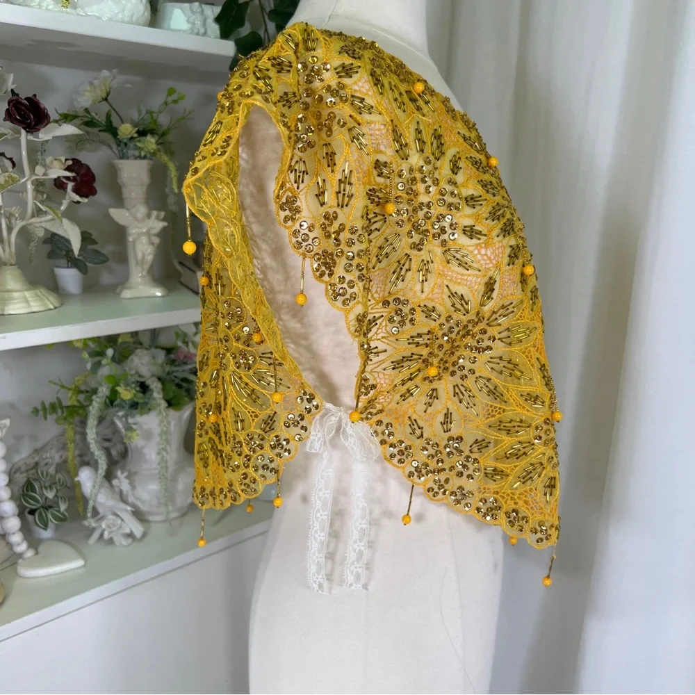 Vintage Funky Yellow Beaded Tie On Top Blouse - Picture 5 of 11